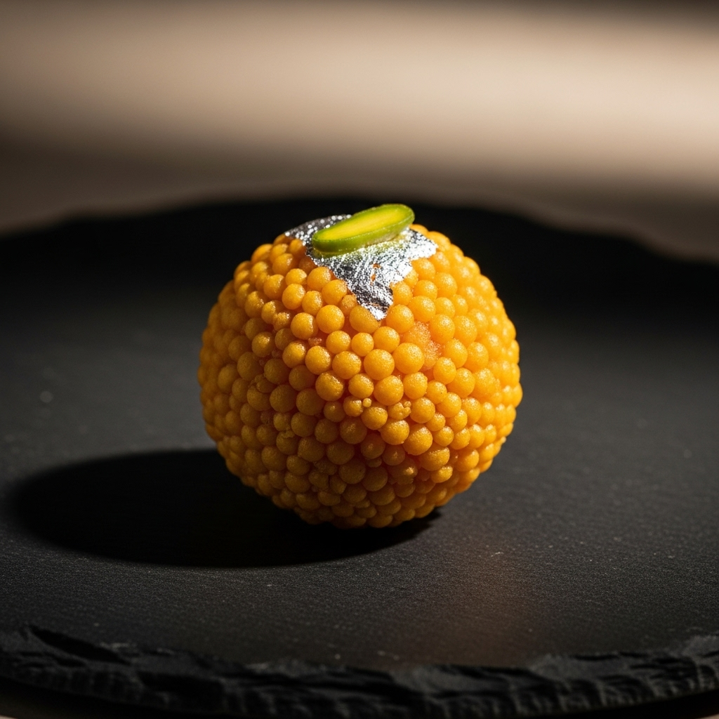 A perfect, handcrafted Motichoor Ladoo representing Madhurkosh's quality